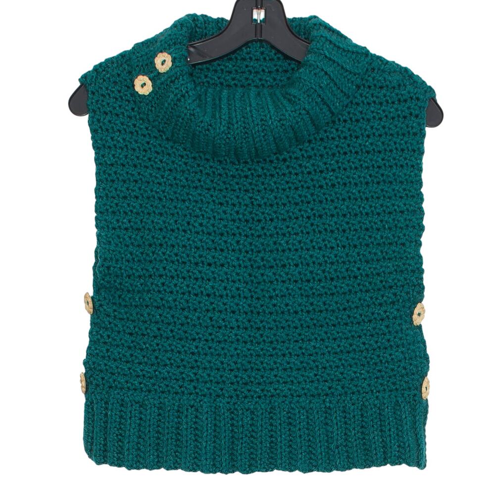 Handmade Sweater Sleeveless Cottage Grandma Retro Cozy Boho Cowl Button Teal XXS